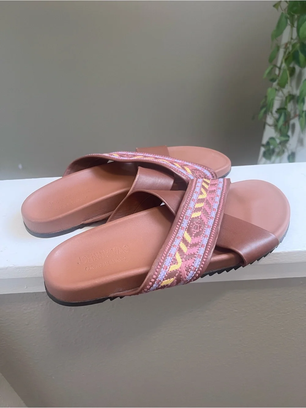Johnny Was Alessi Embroidered Leather Sandals Cuoio EU 39